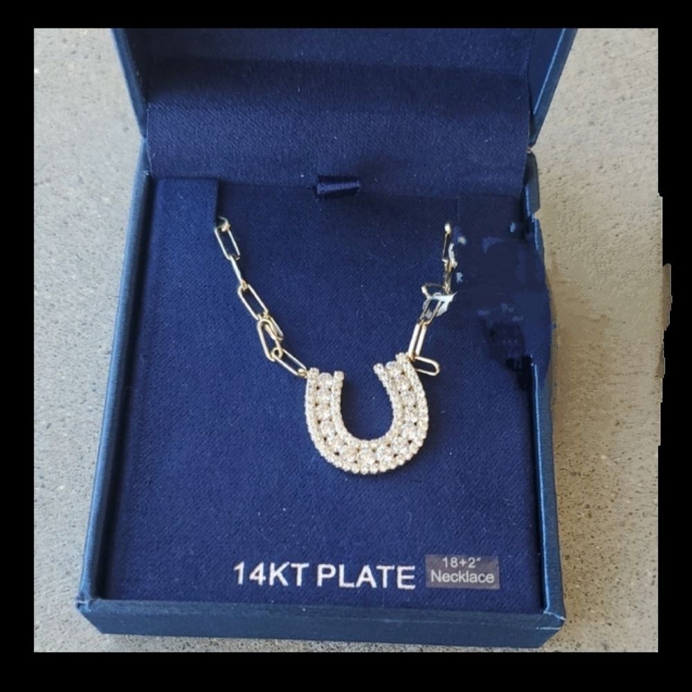 14K Gold Plated Crystal Horseshoe Pendant Necklace – by Simply Silver – 18+2"